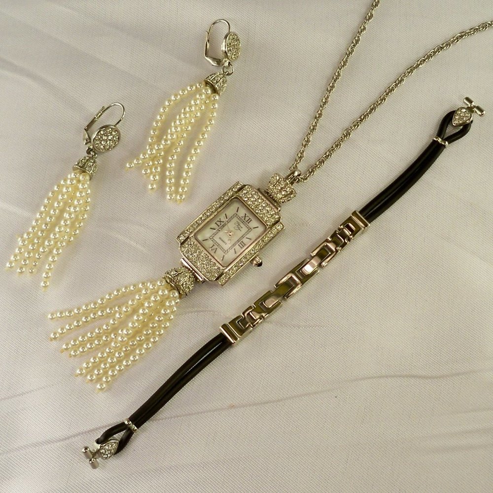 NEW Suzanne Somers Crystals Pearls Interchangeable Watch, Necklace, Earrings